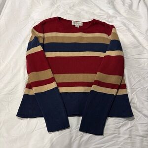 Striped Ribbed Knit Sweater Burgundy Tan Navy Long Sleeve